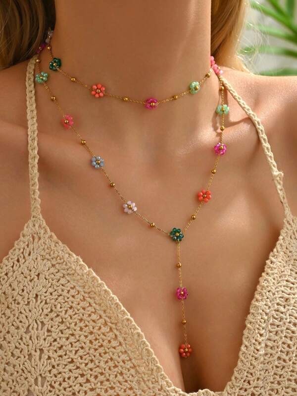 عقد زهري من الفولاذ المقاوم للصدأ متعدد الألوان، عقد سلسلة بشكل حرف Y مطلي بالذهب، تصميم أنيق وبسيط، مناسب للنساء للاستخدام اليومي هدية عيد الأم أو عيد الأم (سلسلة يدوية مع عدد عشوائي من الزهور ومجموعات الألوان)