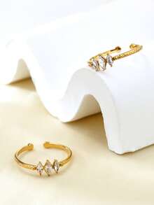 1pc Elegant Charming Korean Style Personalized Cute Luxury Minimalist Fashion Cold Aesthetic High-End Stainless Steel Zirconia 18k Gold Plated Geometric Pattern Diamond Open Ring Suitable For Holiday Travel Work Daily Wear Party Gathering Women's Jewelry - Gold - View 6