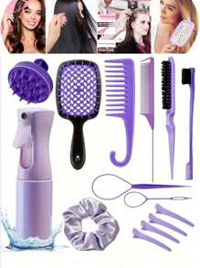 14 piezas Juego de cepillos para el cabello, (6.8 Oz/200ml) Botella de spray de niebla fina continua, Adecuado para adultos y niñas Cepillo desenredante con diseño de unicornio, Cepillo para esponjar, Uso de estilista de salón, Juego de herramientas para el cabello, Artículos escolares