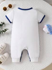 Baby Boys Cute Casual Gift Outdoor Comfortable Soft Cartoon Horse & Letter Print Colorblock Striped Crew Neck Short Sleeve Romper, Summer