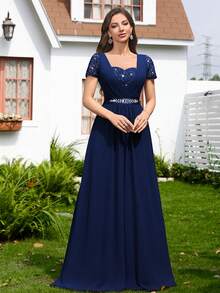 MIUSOL Sequin Floral Lace Contrast Chiffon Sweetheart Neck Hot Drill Belt Pleated Hem Evening Party Long Dress, Bridesmaid Dress, Prom Dress, Wedding Guest Dress