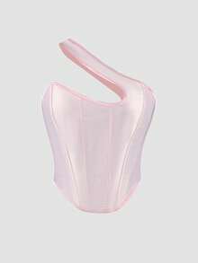 Yuwenier 缎面单肩系带露背不对称下摆塑身衣束身衣短款抹胸音乐节