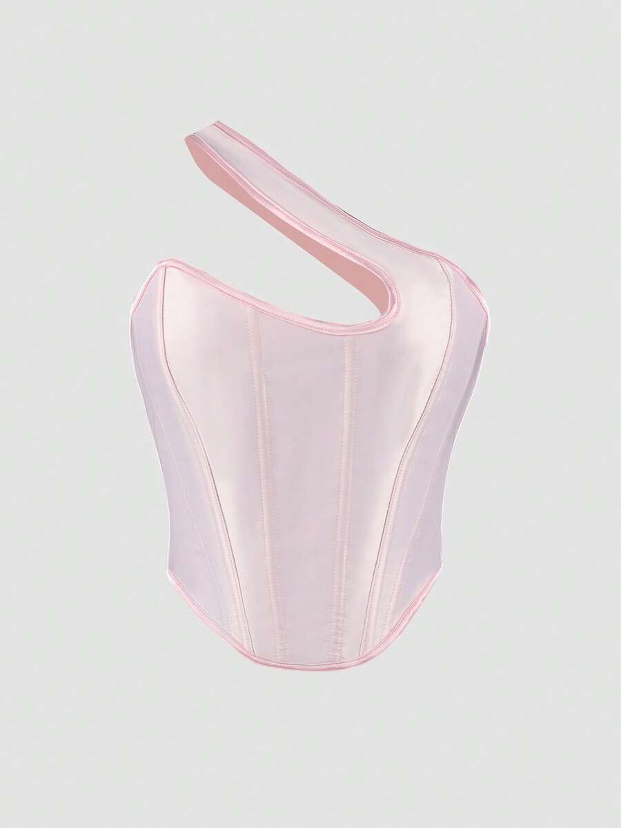 Yuwenier 缎面单肩系带露背不对称下摆塑身衣束身衣短款抹胸音乐节