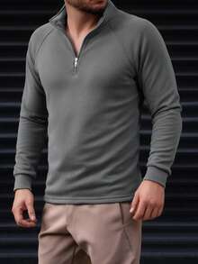Men's Half-Zip Stand Collar Quarter Zip Pullover Sweatshirt, Casual Layering Tops, Versatile & Warm For Spring/Autumn - Dark Grey - View 1