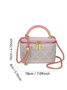 1pc Black Casual Versatile Handheld Mini Square Bag, Fashionable Embroidered Checkered Fabric, Suitable For Storing Phone, Lipstick, Coins At Work
