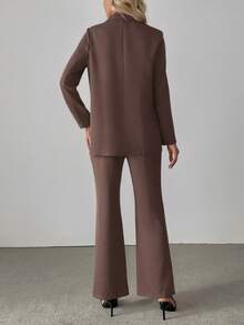 Wine Red Elegant Women 2 Pieces Suit Set With Padded Shoulder & Flared Pants, For Autumn - Chocolate Brown - View 3
