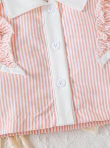 2pcs Baby Girls Casual Cap Sleeve Striped Panel Shirt With Bowknot Skirt Outfits, Including Headband