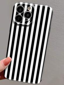 Funda para teléfono 1 pieza Funda rígida para teléfono felino brillante perforada con patrón de rayas rosas minimalistas 11/12/13/14/15/16 Pro - Multicolor - Ver 1