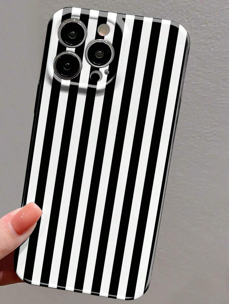 Funda para teléfono 1 pieza Funda rígida para teléfono felino brillante perforada con patrón de rayas rosas minimalistas 11/12/13/14/15/16 Pro - Multicolor - Ver 1