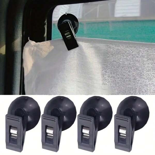 Juego de 4 clips de ventosa para coche - Soporte de montaje adhesivo fuerte para ventanas y parabrisas, apto para parasoles, facturas - Soporte desmontable de plástico resistente sin residuos (negro), Clip para coche