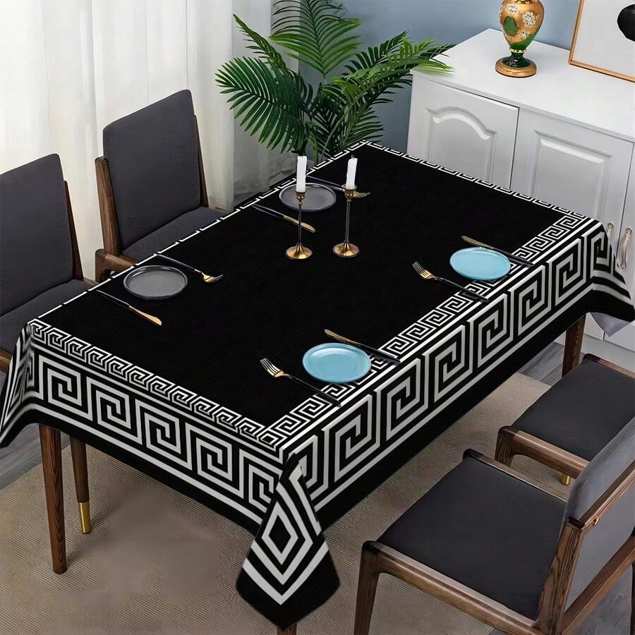 1 pieza Mantel rectangular con estampado floral vintage, mantel de poliéster para mesa de comedor y mesa de café, decoración para fiesta festiva - Negro - Ver 1