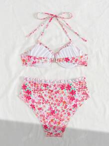 Ditsy Floral Print Cute Knotted Ruffle Trim Bikini Set