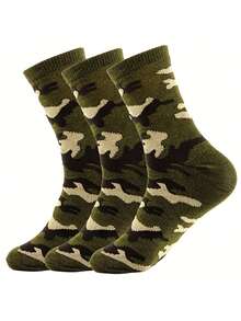 3pairs/Set Men's Camouflage Green Sports Mid-Calf Socks, Fall - Army Green - View 9