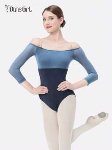 DonsGirl دانس جيرل قطعة واحدة للمرأة تصميم ساعد ثلاثي الأرباع مثير بإكتاف مكشوف مع تصميم شبكي متباين الألوان لزي الباليه والرقص والتمارين الرياضية بلدي حلو فتاة ياجا ملابس أداء رياضية - أزرق بحري - مشاهدة 4