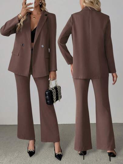 Wine Red Elegant Women 2 Pieces Suit Set With Padded Shoulder & Flared Pants, For Autumn