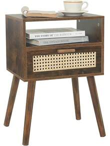 MaxSmeo Bedside Table, Small Nightstand With Charging Station, Rattan Side Table Wood End Table For Living Room, Bedroom And Small Spaces, Mid Century Modern Nightstand, Easy Assembly (Natural)