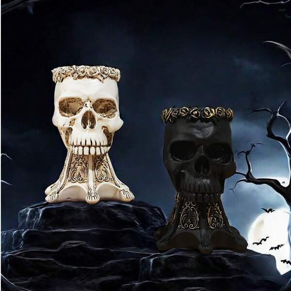 1pc Carved Skull Halloween Decoration Flower Pot, Resin Craft Festival Decoration Ornament
