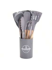 12 Stücke Silikon Kochutensilien Set, hitzebeständiges Pfannenwender Set mit Holzgriffen, für Backen, Kochen und Mixen, beste kleine Küchenhelfer, mit Halterung, Küchenhelfer