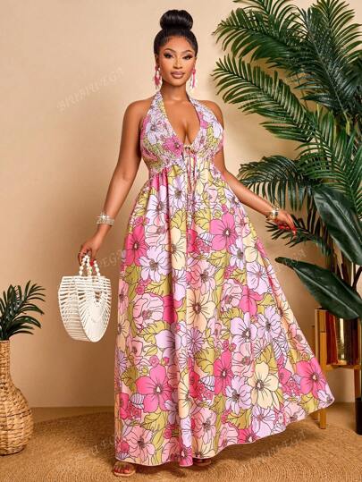 Plus Size Sexy & Elegant Halter Neck Maxi Dress With Floral Print, Random Flower Pattern, Suitable For Vacation