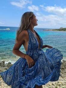 Women Halter Deep V-Neck Backless Vacation Midi Dress - Blue - View 1