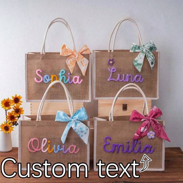 1pc Personalized Bridesmaid Tote Bags, Name Tote Bag With Charm, Bridesmaid Initials Bachelorette Party Wedding Gift, Custom Burlap Beach Bags