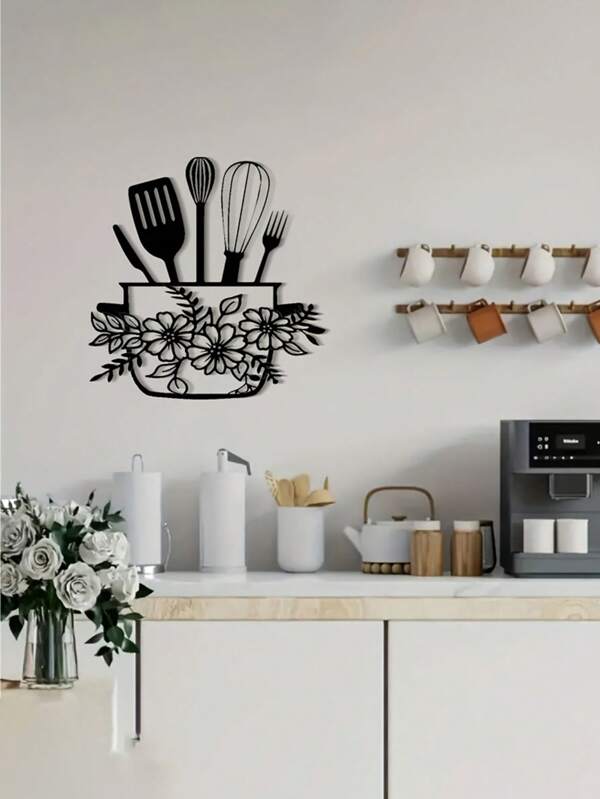 1 pieza Cartel metálico negro de pared para la cocina - con diseño floral y de utensilios, decoración de estilo rústico, cartel metálico horizontal colgante, decoración del hogar para Acción de Gracias, decoración de cocina