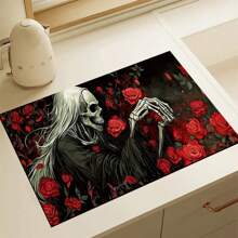1 pieza Felpudo absorbente con estampado de esqueleto de Halloween para encimeras de cocina, tazones, platos, con alta absorbencia que oculta las manchas, con respaldo de goma, estera multifuncional para cafeteras, escurreplatos, utensilios de cocina