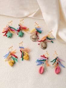 2pcs Beach Style Dopamine Effect Shell Earrings, Long Hanging Dangle Statement Earrings For Women