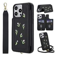 PU leren flip- en schokbestendige hoes, compatibel met iPhone 16, 15, 14 Plus, 13, 12, 11 Pro Max, voor Galaxy S25, S24, S23 Ultra Plus, S24 FE, stereobloem met koord en standaard, portemonnee-telefoonhoesje voor dames