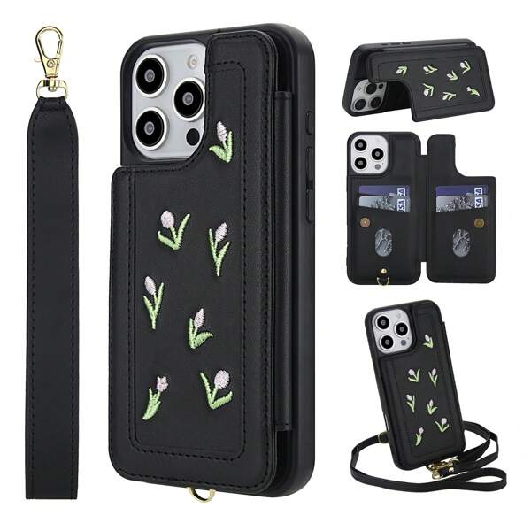 PU leren flip- en schokbestendige hoes, compatibel met iPhone 16, 15, 14 Plus, 13, 12, 11 Pro Max, voor Galaxy S25, S24, S23 Ultra Plus, S24 FE, stereobloem met koord en standaard, portemonnee-telefoonhoesje voor dames
