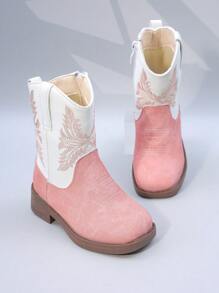 Botas altas para niños, zapatos de niña con botas de tubo alto hasta la pantorrilla, botas occidentales con bordados y tacón alto, diseño de color parchwork con puntera cuadrada y cremallera lateral