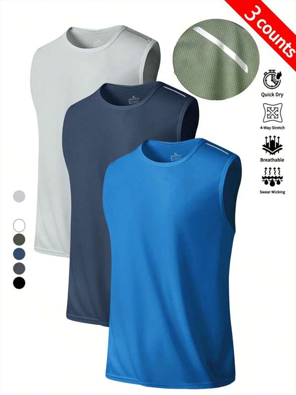 3 Pcs Men's Sleeveless Athletic T-Shirts, Round Neck Tank Tops For Fitness, Running, Training