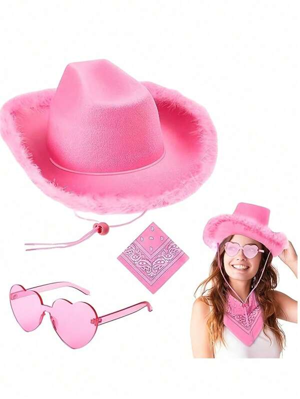 3 pièces Chapeau de cowboy rose + Lunettes rose amour + Ensemble d'écharpe rose imprimée Accessoires de déguisement pour fête, Halloween, carnaval, diverses fêtes, danse, décoration