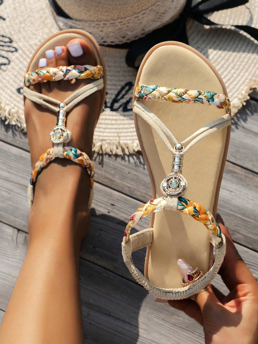 WRCVS Beige Women's Sandals, Summer Woven Shoes, Lightweight Non-Slip Beach Shoes, Random Floral Pattern, Handmade Beaded Bohemian Style Vacation Shoes, Retro Outdoor Shoes