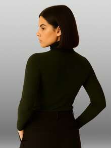 Cacharrel Women's Long Sleeve High Neck Suplex Blouse | Minimalist Second Skin Winter - xanh quân đội - Xem 3
