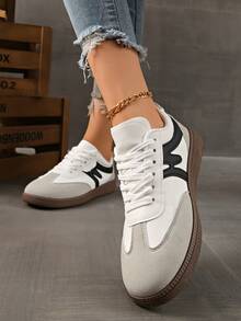 女士圆头低帮休闲运动鞋，防水防滑易清洁，舒适平底百搭白色鞋子，拼色运动休闲复古硫化鞋，黑/白/灰，春/秋 - 黑與白 - 查看 6