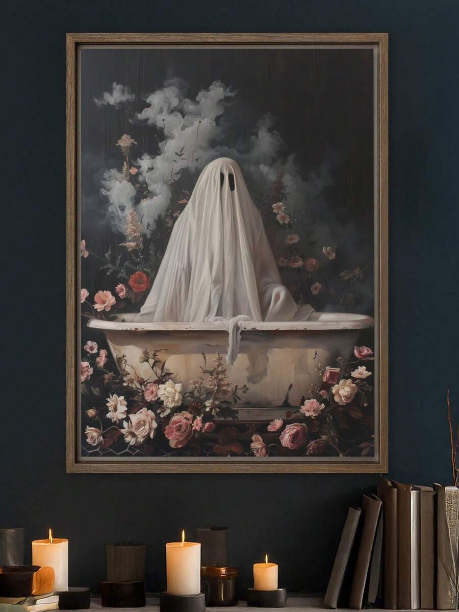 1 件，帆布墙艺术卷轴画，防水，海报，带框壁画，秋季装饰，万圣节，浴缸里的鬼魂，万圣节装饰，闹鬼浴室印刷品，艺术海报印刷品，黑暗学院，复古海报，哥特式绘画，万圣节壁画，复古艺术海报，适用于客厅、卧室、入口装饰、鬼屋或万圣节派对装饰、浴室装饰、房间装饰