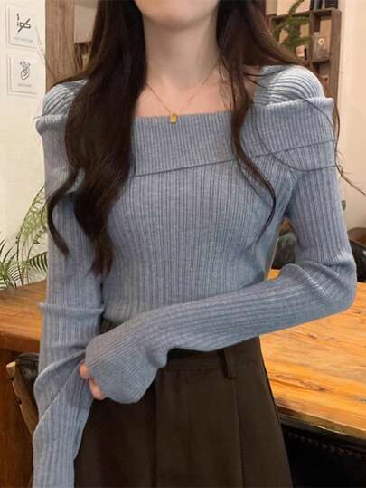 1 件女式露肩针织毛衣，不对称法式露肩长袖上衣，夏季