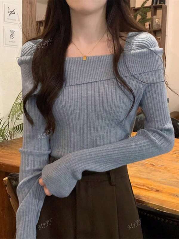 1pc Women's Off-Shoulder Knit Sweater, Asymmetrical French Style Exposed Shoulder Long Sleeve Top, Summer