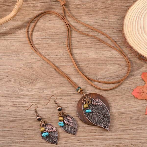 3pcs Set Classic Vintage Adjustable PU Leather Cord, Metal Maple Leaf, Wood Round Tag, Pearl Bead Pendant Necklace & Earrings Boho Jewelry Set. Elegant Jewelry Set For Women, Suitable For Holiday Party And Daily Wear.