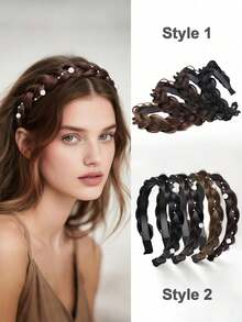 1 件防滑蓬松鱼骨合成假发头带、洗脸辫子头带、鱼骨辫子假发头带、新娘和日常佩戴的发饰、蝴蝶结配饰、女士发带头带、发饰、发箍 - 彩色 - 查看 2