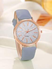 1 件女士时尚网格 PU 皮革表带石英表、休闲学生腕表