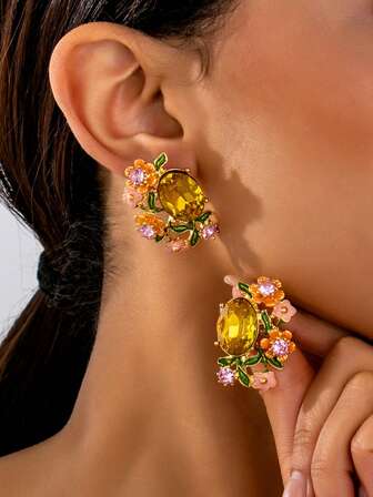 1 Pair Retro Palace Style Enameled Floral Drop Earrings, Elegant Elegant Colorful Earrings, Lovely Floral Pastoral Earrings