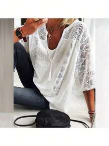 Women's 3/4 Sleeve Cotton Lined Tunic Top - Light Grey V-Neck Casual Loose Shirt With Geometric Perforated Detail, High Quality Autumn T-Shirt For Layered Or Separate Garments, S-XXL, Loose Version Top | Asymmetrical Design | Machine Washable - 灰色 - 查看 2