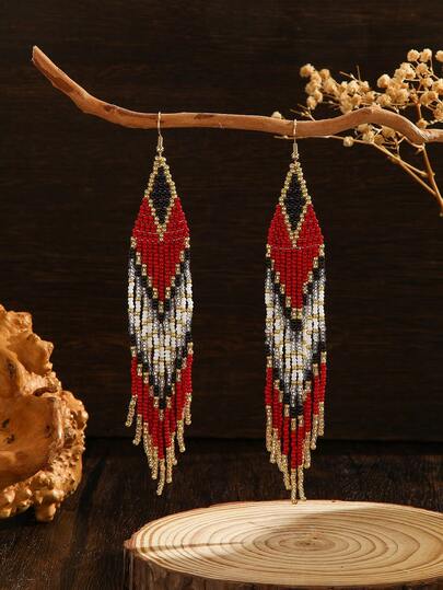 手工串珠耳环，长款女士串珠耳环，米珠耳环，吊坠耳环，多色耳环，白色耳环，时尚耳环，流苏耳环，编织耳环，波西米亚风格，西方风格，适合女性日常和节日穿着，春夏新品，夏季海滩风格，节日礼物，艺术礼物