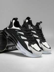 Pareja con los mismos hombres de color sólido PU zapatos de malla de los deportes, los hombres casuales de amortiguación de aire antideslizante aumento de la altura de los zapatos deportivos, colchón de aire tecnología de amortiguación de apoyo, antideslizante desgaste aumento de la altura,  hombres de color sólido PU zapatos de malla de los deportes, adecuado para los viajes diarios - Blanco y Negro - Ver 4