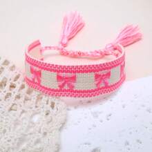 1 buah Gelang Fashion Kepang Gaya Bohemian dengan Bordir Pita Buatan Tangan, Cocok Sebagai Hadiah untuk Keluarga, Teman, Pelajar, untuk Pesta, Perjalanan, dan Pemakaian Sehari-hari - Merah muda cerah - View 6