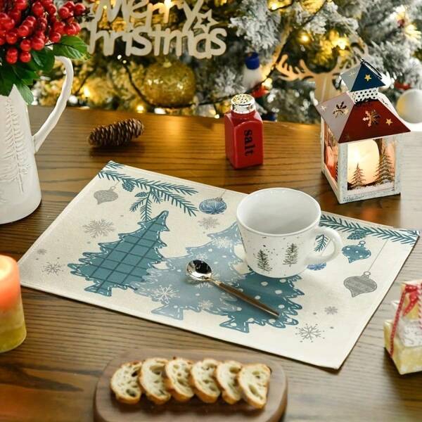 4 piezas/6 piezas, Decoración del hogar, Tema navideño, Posavasos con estampado de árbol de Navidad de moda en tela de lino, adecuado para mesas de comedor, decoración versátil para primavera, verano, otoño e invierno, estilo moderno lavable, resistente al calor y a las manchas, decoración de habitación, posavasos, alfombrilla de mesa de cocina, decoración de fiesta, decoración del hogar, regalo de Navidad ideal