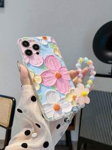 花卉油画风格透明艺术手机壳，带可拆卸手链带，适用于 16/11/16pro/16plus/16promax/16e/15Promax/13/14/12/XS/XR/7G/8P、Galaxy S25/S25PLUS/S25 Ultra/A16/A36/A26/A56/A50/A12/A32/A52/A72/A51/A21S/A13/A14/S24/S24PLUS/S24Ultra/S20/S23/S22/A53/S20FE/S21/、11/12Pro/12/12X/13Pro/14Pro/15Pro/X3pro/、Redmi 10/9/Note9/12c/Note11pro/Note8Pro/9C/9a，防震保护手机壳 - 彩色 - 查看 3