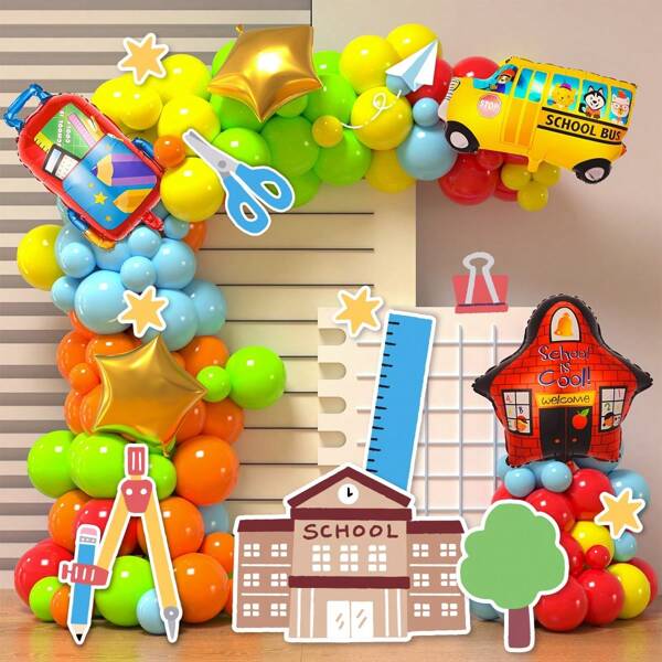 Set de 120 globos coloridos para la vuelta al cole, aptos para decorar eventos con temática escolar, incluye algunas herramientas de montaje